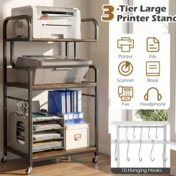 Home Office Rolling Printer Stand 3-Tier with Storage Shelves