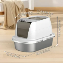 Hooded Stainless Steel Cat Litter Box, Front Top Entry Cat Toilet with Litter Mat & Scoop