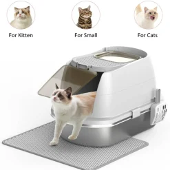Hooded Stainless Steel Cat Litter Box, Front Top Entry Cat Toilet with Litter Mat & Scoop