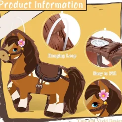 Horse Piñata Cowgirl Pinatas Brown Horse Piñata for Birthday Girl with Bat Stick Blindfold Mask for Horse Birthday Cowgirl Party Carnival Piñata Game Decor Supplies, 15 x 13.4 x 3.2 Inch