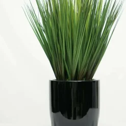 House of Silk Flowers 30" Faux Ornamental Onion Grass in Glossy Black Tripod Ceramic Pot