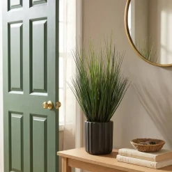 House of Silk Flowers 30" Faux Ornamental Onion Grass in Matte Black Fluted Cylindrical Ceramic Pot