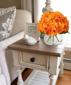 Hydrangea Artificial Flowers in Vase – Orange Silk Faux Floral Arrangement, Glass Vase with Faux Water, Bulk Bouquet for Office, Table Centerpiece, Shelf & Home Décor