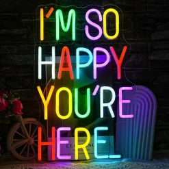“I’m So Happy You’re Here” Neon Sign – Dimmable LED Positive Affirmation Light, 16.5”x10.6” Classroom & Kids Room Wall Decor, USB Powered Welcome Neon Sign for Classroom, Home, Nursery & Business