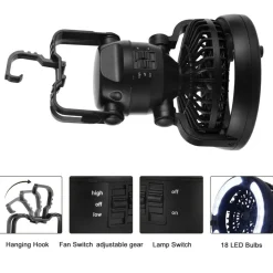 2-in-1 Camping Fan with LED Lantern, Battery Operated Tent Fan with Hanging Hook