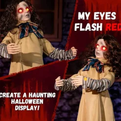 48 Inch Animated Halloween Creepy Doll, 4 Ft Sound Activated Scary Girl with Turning Head, Light-Up LED Eyes & Spooky Sounds, Animatronic Horror Prop for Indoor Outdoor Yard, Haunted House & Party Decor