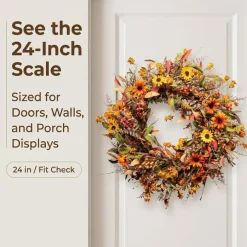 24 Inch Artificial Fall Wreath for Front Door – Large Autumn Harvest Wreath with Orange Yellow Flowers, Berries & Foliage – Thanksgiving Wall Porch Indoor Outdoor Seasonal Farmhouse Home Decor