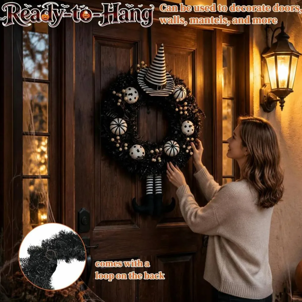 24 Inch Black Gothic Witch Halloween Wreath
