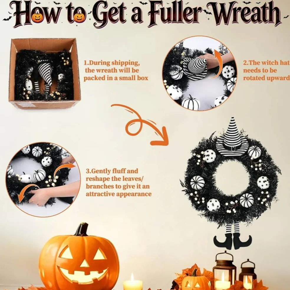 24 Inch Black Gothic Witch Halloween Wreath