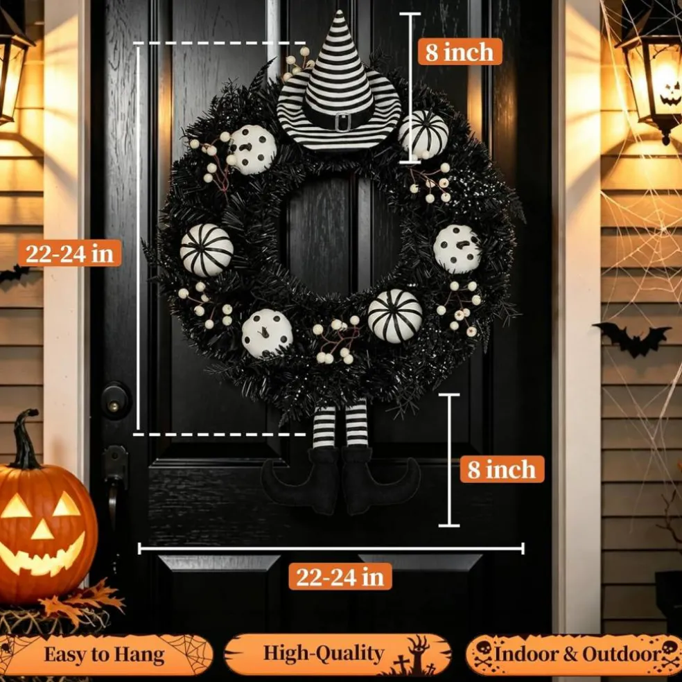 24 Inch Black Gothic Witch Halloween Wreath