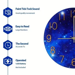 12-Inch Blue Glass Galaxy Wall Clock for Bedroom, Living Room, Office – Frameless Silent Battery Operated Round Clock with Tempered Glass (Requires 1x AA Battery)