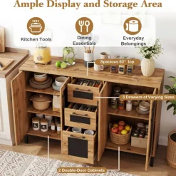 63 Inch Buffet Sideboard Cabinet with 3 Drawers and Double Door Storage Cabinets Modern Kitchen Storage Organizer Console Table
