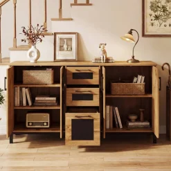 63 Inch Buffet Sideboard Cabinet with 3 Drawers and Double Door Storage Cabinets Modern Kitchen Storage Organizer Console Table