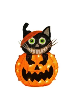 23-Inch 3D Light Up Black Cat on Pumpkin Decoration