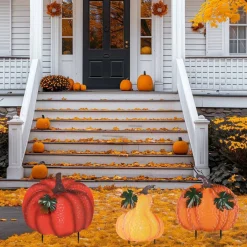 34 Inch Fall Garden Stakes Outdoor Decorations, 3 Stacked Metal Pumpkin Yard Signs, Thanksgiving Autumn Lawn Decor for Garden Patio Planter Home Landscape