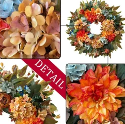 24 Inch Fall Hydrangea Peony Wreath for Front Door – Orange Dahlia Artificial Autumn Floral Wreath with Mixed Foliage, Farmhouse Seasonal Decor for Indoor Outdoor Porch, Thanksgiving, Harvest & Holiday Decoration