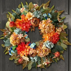 24 Inch Fall Hydrangea Peony Wreath for Front Door – Orange Dahlia Artificial Autumn Floral Wreath with Mixed Foliage, Farmhouse Seasonal Decor for Indoor Outdoor Porch, Thanksgiving, Harvest & Holiday Decoration
