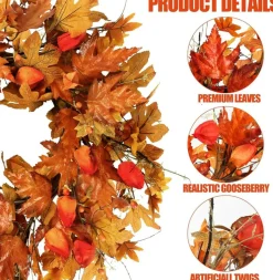 21 Inch Fall Wreath for Front Door, Artificial Autumn Wreath with Orange Maple Leaves Lantern Fruit Berries and Cape Gooseberries for Thanksgiving Harvest Festival Home Decor Indoor Outdoor
