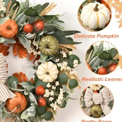 22 Inch Fall Wreath for Front Door – Large Autumn Pumpkin Wreath with Bow, Berries & Harvest Leaves, Thanksgiving Halloween Farmhouse Decor for Outdoor Porch, Entryway, Kitchen, Wall & Indoor Home Decoration