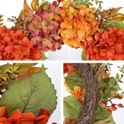 24 Inch Fall Wreath for Front Door, Artificial Hydrangea and Burgundy Floral Autumn Wreath with Orange Flowers for Thanksgiving Decor