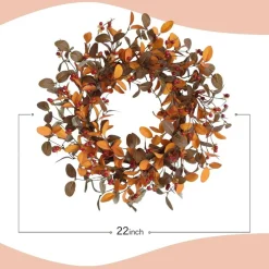20 Inch Fall Wreath for Front Door, Artificial Autumn Wreath with Olive Leaves and Red Berries, Rustic Farmhouse Harvest Wreath for Indoor Outdoor Window Wall Thanksgiving Home Decor