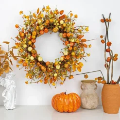 22 Inch Fall Wreath for Front Door, Rustic Autumn Pumpkin Wreath with Orange White Pumpkins Wildflowers and Leaves, Farmhouse Thanksgiving Halloween Decor for Door Wall Window Fireplace