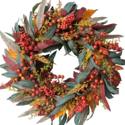 22 Inch Fall Wreath for Front Door, Artificial Berry Willow Leaf Autumn Wreath with Orange Maple Leaves for Thanksgiving Harvest Decor