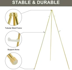 63 Inch Gold Easel Stand for Wedding Signs Adjustable Metal Display Easel Folding Floor Stand for Posters Artwork Welcome Signs Trade Shows and Event Displays