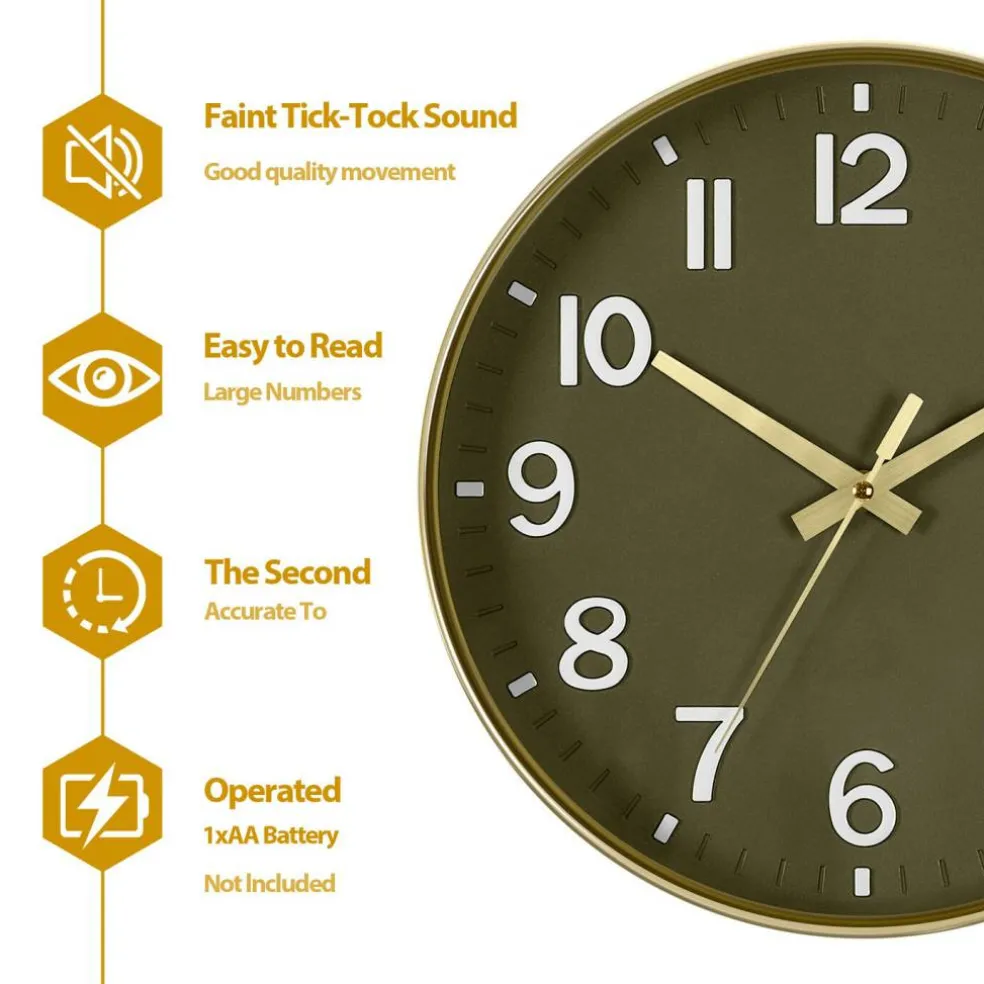 11.8 Inch Gold Frame Wall Clock, Non-Ticking Silent Quartz Clock with Easy-to-Read Large Numbers