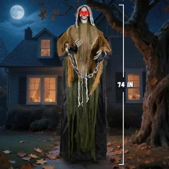 74 Inch Halloween Animatronic Grim Reaper, 6.2 Ft Animated Skeleton with Sound & Touch Activation, Glowing Red Eyes, Creepy Sounds & Movement, Life Size Haunted House Prop for Yard, Porch & Party Decor