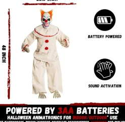45 Inch Halloween Animatronic Sitting Clown, Animated Scary Clown with Sound Activated Motion, Creepy Sounds and Light Up LED Eyes, Haunted House Horror Prop for Indoor Outdoor Yard Lawn Decor