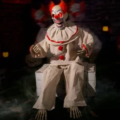 45 Inch Halloween Animatronic Sitting Clown, Animated Scary Clown with Sound Activated Motion, Creepy Sounds and Light Up LED Eyes, Haunted House Horror Prop for Indoor Outdoor Yard Lawn Decor