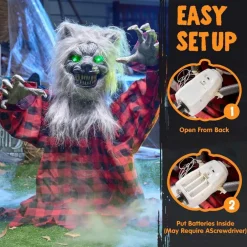 25.6 Inch Halloween Animatronic Werewolf Groundbreaker, Sound and Motion Activated Scary Werewolf Prop with Moving Arms and Green Light-Up Eyes, Realistic Graveyard Decoration for Lawn, Yard, Haunted House, Party and Outdoor Decor