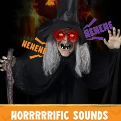 72 Inch Halloween Animatronic Witch Decoration with Cane | Life Size Standing Witch Prop with Light-Up Eyes, Creepy Sound Effects & Moving Arms, Haunted House Outdoor Indoor Halloween Party Decor
