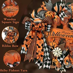 20-Inch Halloween Pumpkin Bow Door Wreath