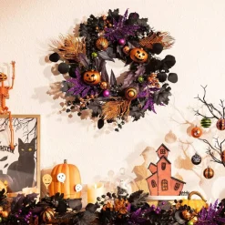 18 Inch Halloween Pumpkin Wreath Pre-Lit Jack O Lantern Front Door Decor with 20 LED Lights, Battery Operated Timer Function Autumn Fall Wreath for Window Wall Fireplace Party Home Decorations