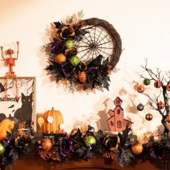 24 Inch Halloween Wreath with Lights – Pre-Lit Roses, Crow, Spider Web & Ball Ornaments | Collapsible LED Front Door Wreath for Indoor, Wall, Table Centerpiece & Holiday Halloween Decor