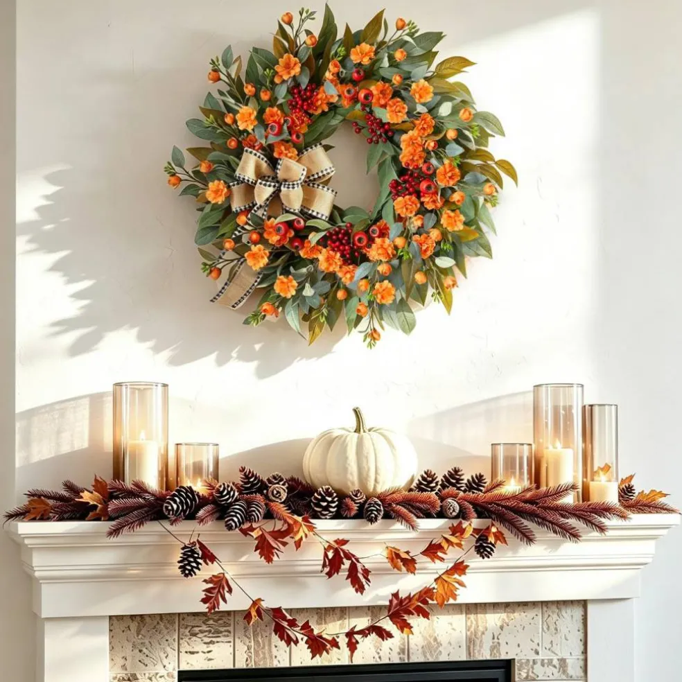 24 Inch Harvest Fall Wreaths for Front Door Outside with Bow & Red Berries
