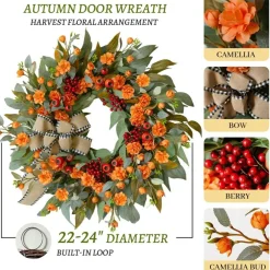 24 Inch Harvest Fall Wreaths for Front Door Outside with Bow & Red Berries
