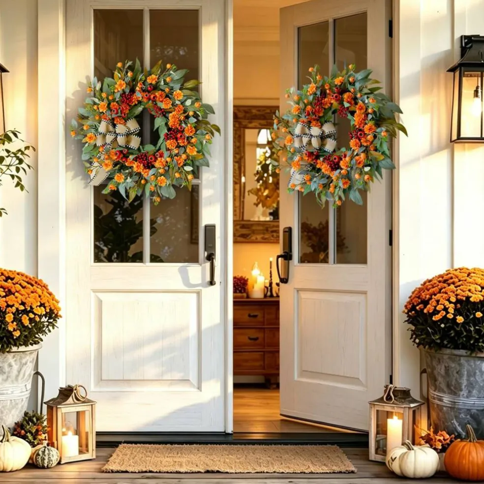 24 Inch Harvest Fall Wreaths for Front Door Outside with Bow & Red Berries