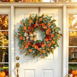 24 Inch Harvest Fall Wreaths for Front Door Outside with Bow & Red Berries