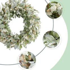 24 Inch Ivory Flower Wreath for Front Door, Spring Summer Lambs Ear Greenery Wreath, Rustic Farmhouse Floral Wreath for Indoor Outdoor Wall Window Wedding Decoration