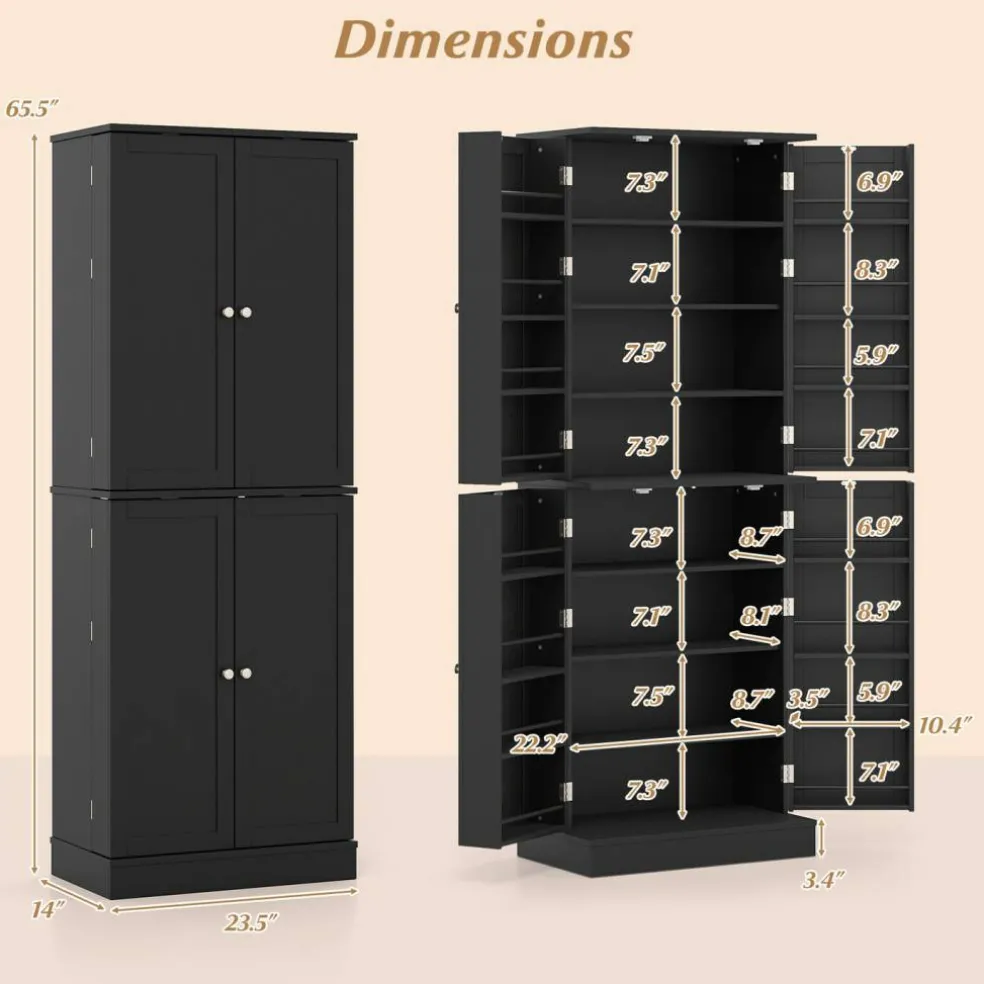 65.5 Inch Kitchen Pantry Cabinet 4-Door Storage Cupboard with Adjustable Shelves and Door Racks
