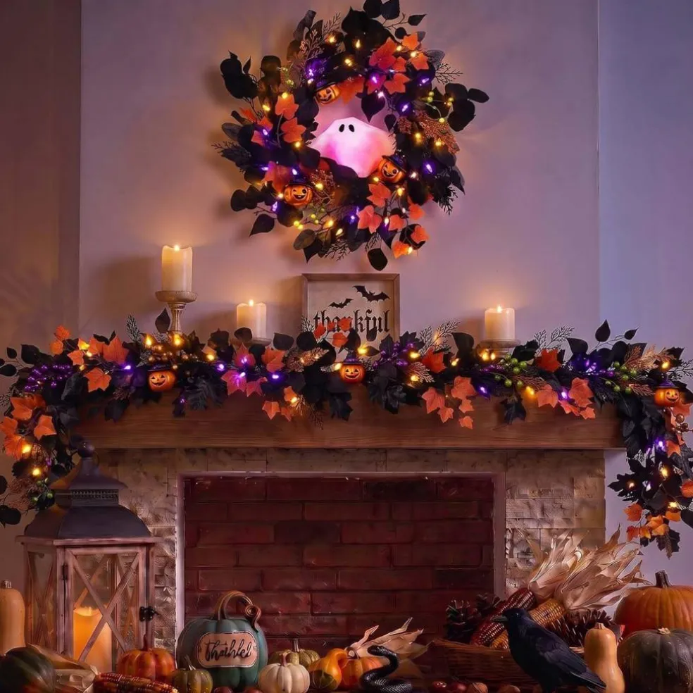 20-Inch Lighted Ghost Pumpkin Halloween Wreath