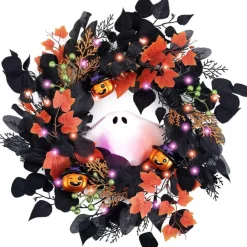 20-Inch Lighted Ghost Pumpkin Halloween Wreath