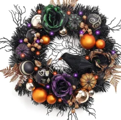 18 Inch Lighted Halloween Wreath for Front Door, Pre-Lit Autumn Black & Orange Wreath with Crow, Pumpkin and Rose Accents, Spooky Indoor Outdoor Wall Fireplace Decor, Halloween Party Decoration