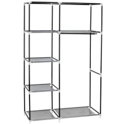 64 Inch Portable Closet Storage Organizer with Shelves Clothes Rack Wardrobe Cabinet Hanging Rod Fabric Cover for Bedroom Walk In Closet Gray