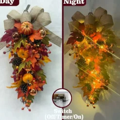 24 Inch Pre-Lit Fall Teardrop Swag with 15 LED Lights, Pumpkin Maple Leaf Pinecone Door Swag with Burlap Bow for Thanksgiving Decor