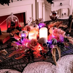 24 Inch Pre Lit Halloween White Pumpkin Skull Wreath with Lights Collapsible Front Door Wreath Pink Roses Fall Autumn Halloween Decorations for Table Centerpiece Wall Window