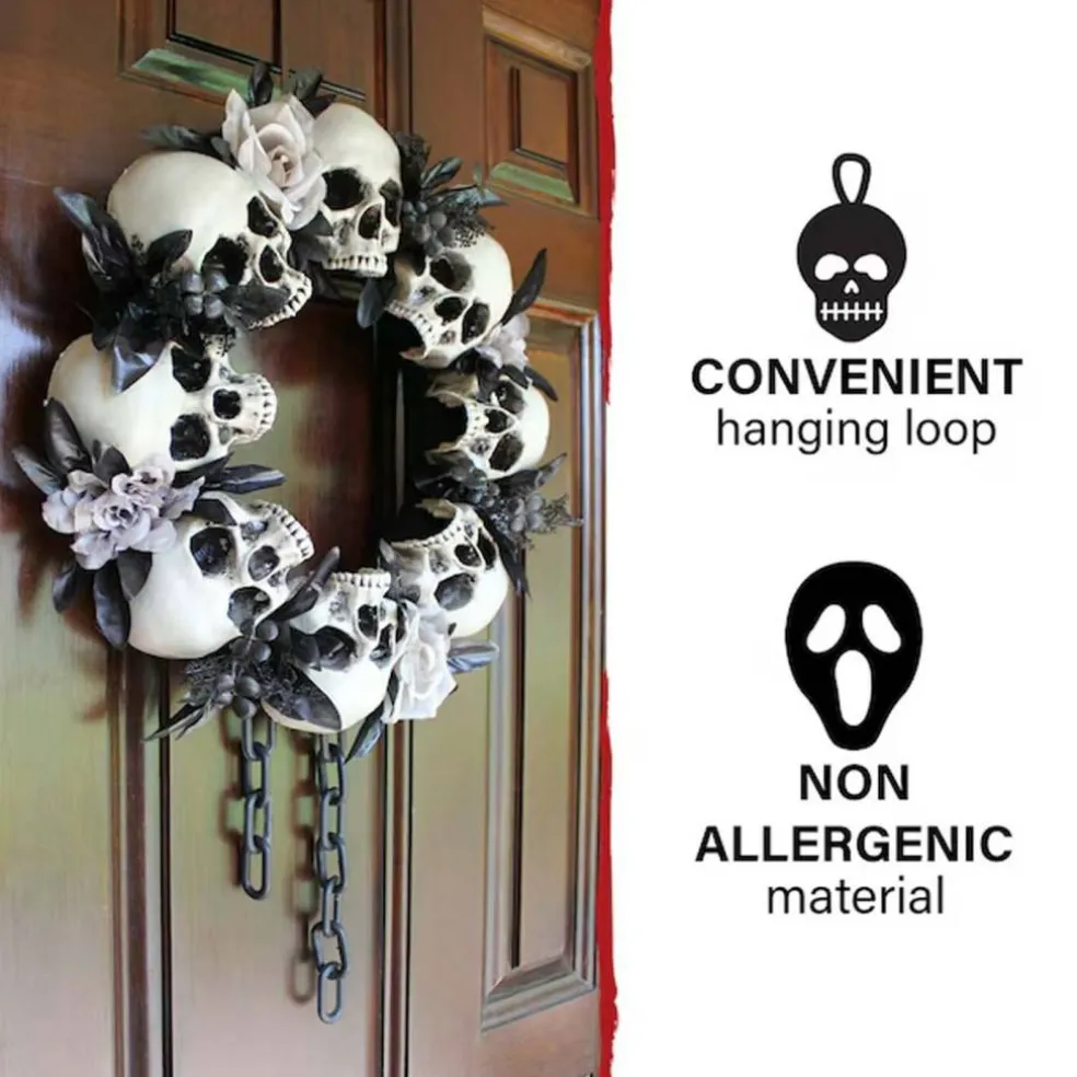 15 Inch Skulls Chains Gray Roses Halloween Wreath